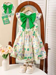 SHEIN Elladie kids 女童優雅花卉印花洋裝，藍色蝴蝶，夏季仙女風生日公主派對禮服，小飛袖鏤空露背蝴蝶結裝飾荷葉邊裙襬 - 綠色 - 查看 9
