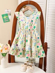 SHEIN Elladie kids 女童優雅花卉印花洋裝，藍色蝴蝶，夏季仙女風生日公主派對禮服，小飛袖鏤空露背蝴蝶結裝飾荷葉邊裙襬 - 綠色 - 查看 2
