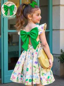SHEIN Elladie kids 女童優雅花卉印花洋裝，藍色蝴蝶，夏季仙女風生日公主派對禮服，小飛袖鏤空露背蝴蝶結裝飾荷葉邊裙襬 - 綠色 - 查看 8