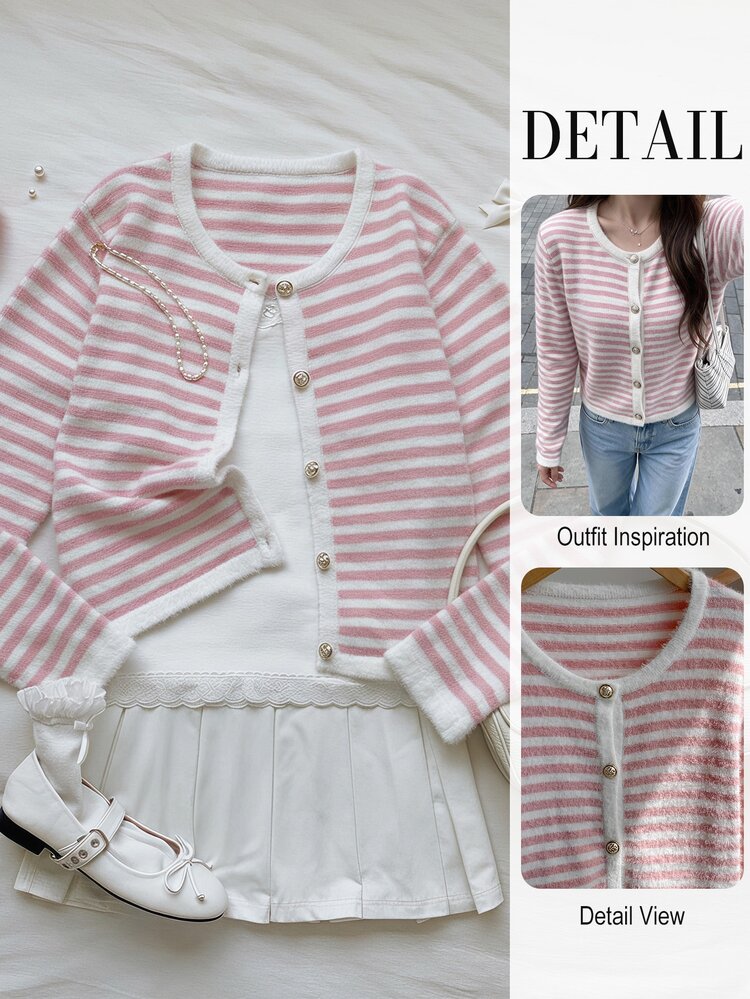 Comfortcana Women's Autumn/Winter Casual Cute White And Pink Cardigan Brunch - Pink - View 6