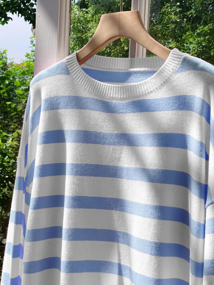 Comfortcana Autumn Casual Colorblock Blue And White Stripe Sweater Knit Shorts Set Everyday Home Holiday - Blue - View 4