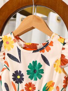 SHEIN Elladie kids 女童（小号）春夏新款休闲时尚连衣裙，彩色花卉数码印花图案，圆领无袖荷叶袖，露背蝴蝶结装饰，腰部褶皱荷叶边下摆，适合年轻女孩穿着，可爱、舒适、优雅，适合日常、上学、外出、聚会、度假等场合。 - 彩色 - 查看 9