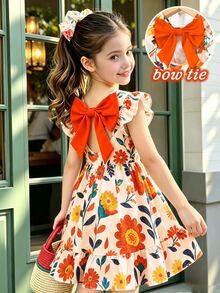 SHEIN Elladie kids 女童（小号）春夏新款休闲时尚连衣裙，彩色花卉数码印花图案，圆领无袖荷叶袖，露背蝴蝶结装饰，腰部褶皱荷叶边下摆，适合年轻女孩穿着，可爱、舒适、优雅，适合日常、上学、外出、聚会、度假等场合。 - 彩色 - 查看 4