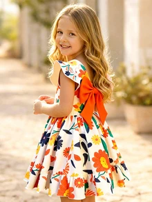 SHEIN Elladie kids 女童（小号）春夏新款休闲时尚连衣裙，彩色花卉数码印花图案，圆领无袖荷叶袖，露背蝴蝶结装饰，腰部褶皱荷叶边下摆，适合年轻女孩穿着，可爱、舒适、优雅，适合日常、上学、外出、聚会、度假等场合。 - 彩色 - 查看 8