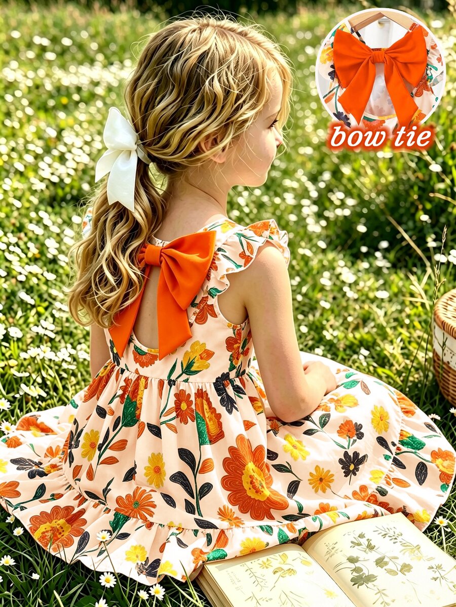 SHEIN Elladie kids 女童（小号）春夏新款休闲时尚连衣裙，彩色花卉数码印花图案，圆领无袖荷叶袖，露背蝴蝶结装饰，腰部褶皱荷叶边下摆，适合年轻女孩穿着，可爱、舒适、优雅，适合日常、上学、外出、聚会、度假等场合。