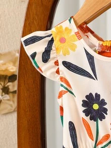 SHEIN Elladie kids 女童（小号）春夏新款休闲时尚连衣裙，彩色花卉数码印花图案，圆领无袖荷叶袖，露背蝴蝶结装饰，腰部褶皱荷叶边下摆，适合年轻女孩穿着，可爱、舒适、优雅，适合日常、上学、外出、聚会、度假等场合。 - 彩色 - 查看 5