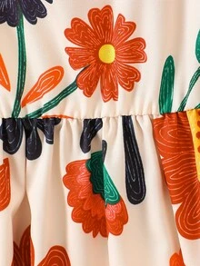 SHEIN Elladie kids 女童（小号）春夏新款休闲时尚连衣裙，彩色花卉数码印花图案，圆领无袖荷叶袖，露背蝴蝶结装饰，腰部褶皱荷叶边下摆，适合年轻女孩穿着，可爱、舒适、优雅，适合日常、上学、外出、聚会、度假等场合。 - 彩色 - 查看 6