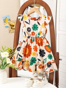 SHEIN Elladie kids 女童（小号）春夏新款休闲时尚连衣裙，彩色花卉数码印花图案，圆领无袖荷叶袖，露背蝴蝶结装饰，腰部褶皱荷叶边下摆，适合年轻女孩穿着，可爱、舒适、优雅，适合日常、上学、外出、聚会、度假等场合。 - 彩色 - 查看 3