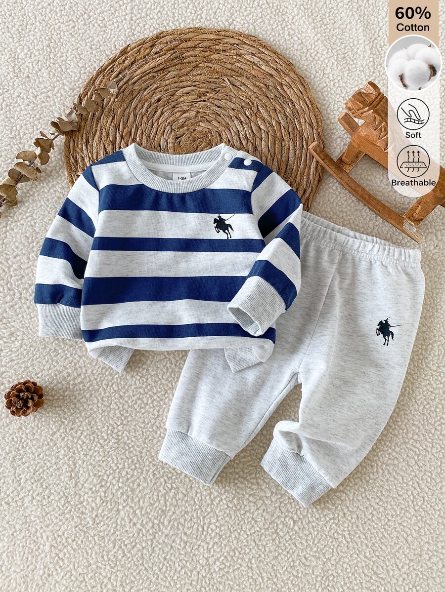 SHEIN 2pcs Set Newborn Casual Knitted Striped Print Crew Neck Long Sleeve Top + Solid Color Print Long Pants, Versatile Outfit
