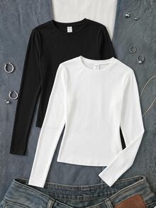 SHEIN 兒童青少年女孩白色與深灰色長袖T恤2件組，舒適休閒日常穿著 - 彩色 - 查看 6