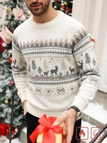 Manfinity Homme 男士圓領長袖套頭毛衣，費爾島針織秋冬服飾，米色寬鬆版型時尚百搭聖誕麋鹿提花插肩袖套頭毛衣 - 米色 - 查看 1