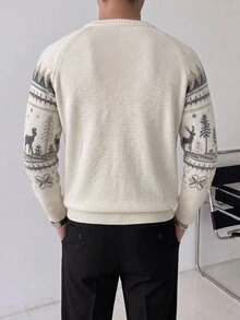 Manfinity Homme 男士圓領長袖套頭毛衣，費爾島針織秋冬服飾，米色寬鬆版型時尚百搭聖誕麋鹿提花插肩袖套頭毛衣 - 米色 - 查看 5