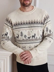 Manfinity Homme 男士圓領長袖套頭毛衣，費爾島針織秋冬服飾，米色寬鬆版型時尚百搭聖誕麋鹿提花插肩袖套頭毛衣 - 米色 - 查看 4