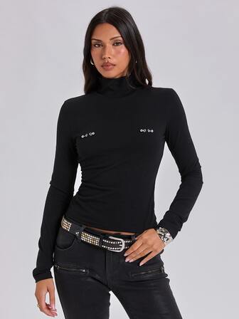 Herbst/Winter Y2K Hot Girl einfarbiges vielseitiges T-Shirt mit Nieten-Dekor, figurbetont, langärmelig, Basisschicht