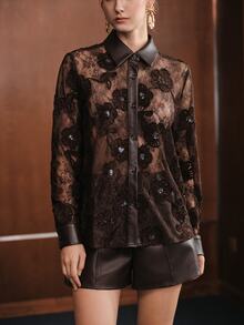 Anewsta Autumn/Winter New Lace Velvet Jacquard Patchwork PU Collar Fashion Versatile Shirt - Coffee Brown - View 5