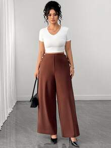 Elenzga Women's Plus Size Brown Button Casual Trousers, Elegant Versatile Chic Pants For Autumn/Winter, Suitable For Office, Home And Daily Wear - Brown - View 4