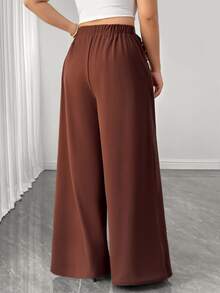 Elenzga Women's Plus Size Brown Button Casual Trousers, Elegant Versatile Chic Pants For Autumn/Winter, Suitable For Office, Home And Daily Wear - Brown - View 2