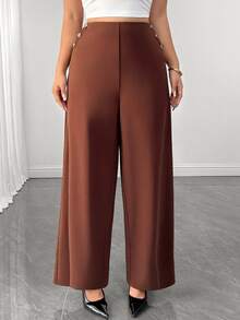 Elenzga Women's Plus Size Brown Button Casual Trousers, Elegant Versatile Chic Pants For Autumn/Winter, Suitable For Office, Home And Daily Wear - Brown - View 7