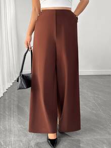 Elenzga Women's Plus Size Brown Button Casual Trousers, Elegant Versatile Chic Pants For Autumn/Winter, Suitable For Office, Home And Daily Wear - Brown - View 3