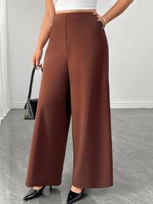 Elenzga Women's Plus Size Brown Button Casual Trousers, Elegant Versatile Chic Pants For Autumn/Winter, Suitable For Office, Home And Daily Wear - Brown - View 1