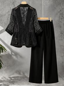 GlowEve CURVE Plus Size Women's Versatile Contrast Lace Lapel Neck Jacket And Pants Elegant Suit Two Pieces Set Evening Wedding Elegant Women's Tailoring Suit - Black - View 2