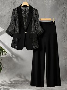 GlowEve CURVE Plus Size Women's Versatile Contrast Lace Lapel Neck Jacket And Pants Elegant Suit Two Pieces Set Evening Wedding Elegant Women's Tailoring Suit - Black - View 3