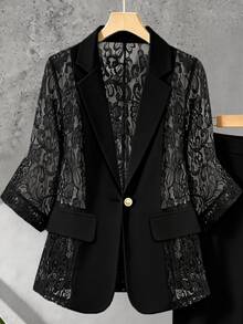 GlowEve CURVE Plus Size Women's Versatile Contrast Lace Lapel Neck Jacket And Pants Elegant Suit Two Pieces Set Evening Wedding Elegant Women's Tailoring Suit - Black - View 4