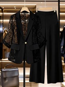 GlowEve CURVE Plus Size Women's Versatile Contrast Lace Lapel Neck Jacket And Pants Elegant Suit Two Pieces Set Evening Wedding Elegant Women's Tailoring Suit - Black - View 1