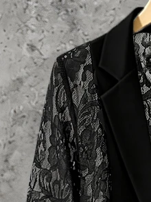 GlowEve CURVE Plus Size Women's Versatile Contrast Lace Lapel Neck Jacket And Pants Elegant Suit Two Pieces Set Evening Wedding Elegant Women's Tailoring Suit - Black - View 5