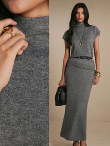 Poéselle Women's Charcoal Gray Turtleneck Knit Two-Piece Set Elegant Co-Ord Set For Work & Casual Wear Knit Skirt Set Matching Sweater Set Elevated Basics Fall - Grey - View 2
