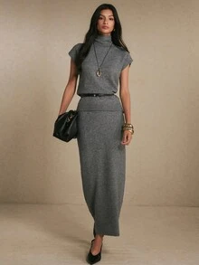 Poéselle Women's Charcoal Gray Turtleneck Knit Two-Piece Set Elegant Co-Ord Set For Work & Casual Wear Knit Skirt Set Matching Sweater Set Elevated Basics Fall - Grey - View 4