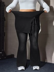 Flexra Plus Size Women Solid Color Casual Versatile Daily Wear Denim Flare Pants - Black - View 2