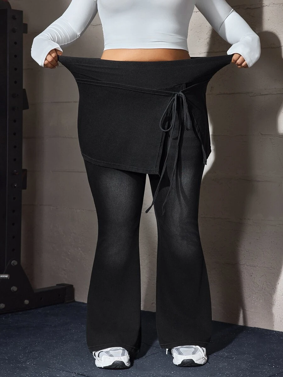 Flexra Plus Size Women Solid Color Casual Versatile Daily Wear Denim Flare Pants