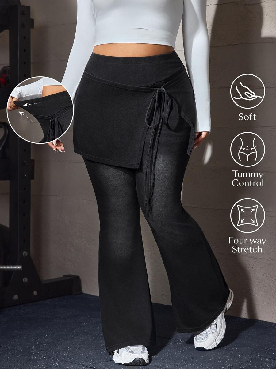 Flexra Plus Size Women Solid Color Casual Versatile Daily Wear Denim Flare Pants