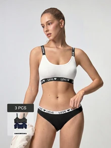 Loungeista 3pcs/Set Women's Heart & Letter Jacquard Bra Setfor Summerfor Summer - Multicolor - View 1