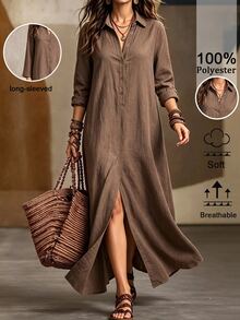 SHEIN LUNE CURVE Gaun Linen Panjang Nyaman Ukuran Besar Warna Polos Kasual dengan Kerah dan Belahan Depan - Coklat - View 1