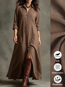 SHEIN LUNE CURVE Gaun Linen Panjang Nyaman Ukuran Besar Warna Polos Kasual dengan Kerah dan Belahan Depan - Coklat - View 3