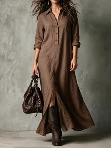 SHEIN LUNE CURVE Gaun Linen Panjang Nyaman Ukuran Besar Warna Polos Kasual dengan Kerah dan Belahan Depan - Coklat - View 4
