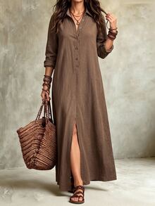 SHEIN LUNE CURVE Gaun Linen Panjang Nyaman Ukuran Besar Warna Polos Kasual dengan Kerah dan Belahan Depan - Coklat - View 5