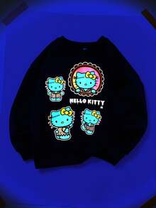 HELLO KITTY AND FRIENDS | SHEIN 青少年女孩休閒可愛街頭風優雅精緻舒適寬鬆針織萬聖節螢光圖案黑色圓領衛衣秋季 - 黑色 - 查看 2