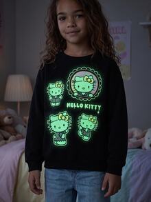 HELLO KITTY AND FRIENDS | SHEIN 青少年女孩休閒可愛街頭風優雅精緻舒適寬鬆針織萬聖節螢光圖案黑色圓領衛衣秋季 - 黑色 - 查看 9