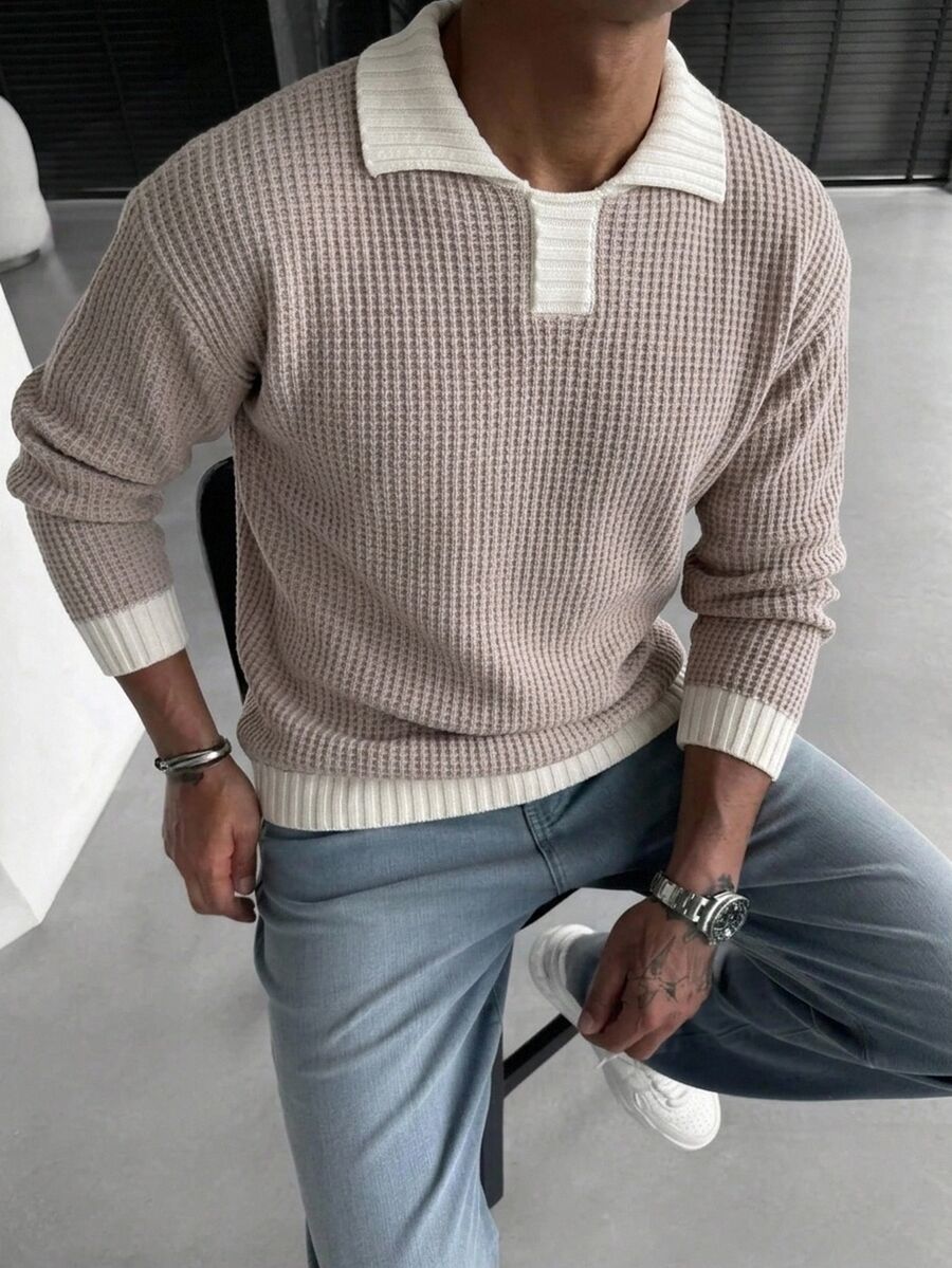 Manfinity Mode Men's Texture Colorblock Ropped Shoulder Long Sleeve Sweater For Vacation Textured Old Money - Apricot - View 1