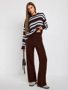 SHEIN Women Round Neck Striped Loose Fit Long Sleeve Sweater And Sweater Pant 2pcs Set Co-Ords - Brown - View 6