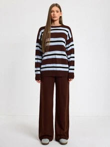SHEIN Women Round Neck Striped Loose Fit Long Sleeve Sweater And Sweater Pant 2pcs Set Co-Ords - Brown - View 5