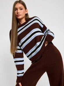 SHEIN Women Round Neck Striped Loose Fit Long Sleeve Sweater And Sweater Pant 2pcs Set Co-Ords - Brown - View 4