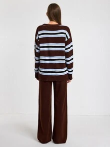 SHEIN Women Round Neck Striped Loose Fit Long Sleeve Sweater And Sweater Pant 2pcs Set Co-Ords - Brown - View 7