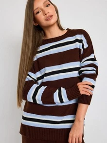 SHEIN Women Round Neck Striped Loose Fit Long Sleeve Sweater And Sweater Pant 2pcs Set Co-Ords - Brown - View 9