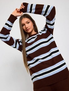 SHEIN Women Round Neck Striped Loose Fit Long Sleeve Sweater And Sweater Pant 2pcs Set Co-Ords - Brown - View 8