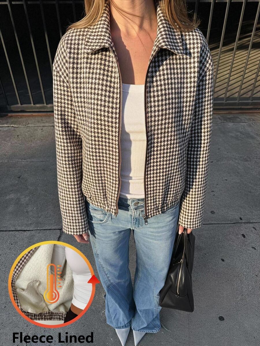 Aloruh 女款優雅辦公休閒秋冬格紋白色動物紋長袖夾克，老錢風學院風復古舒適外套，適合上班穿著