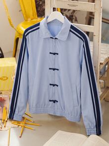 SHEIN Jaket Kasual Musim Gugur/Musim Dingin Warna Biru Muda dengan Pita Sambungan, Kerah Tegak, dan Bahu Jatuh. - Biru - View 9